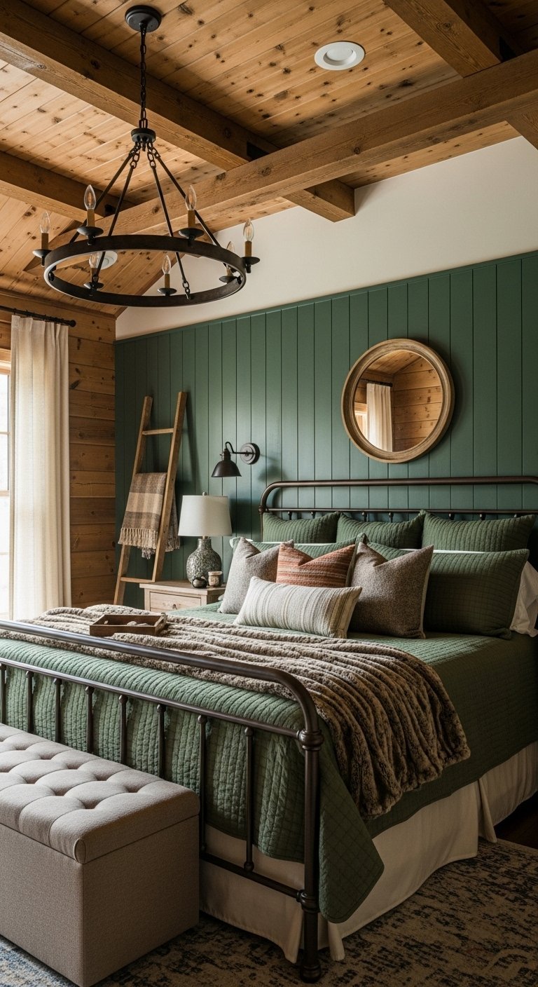 Chambre rustique avec plafond en bois et mur d accent vert forêt