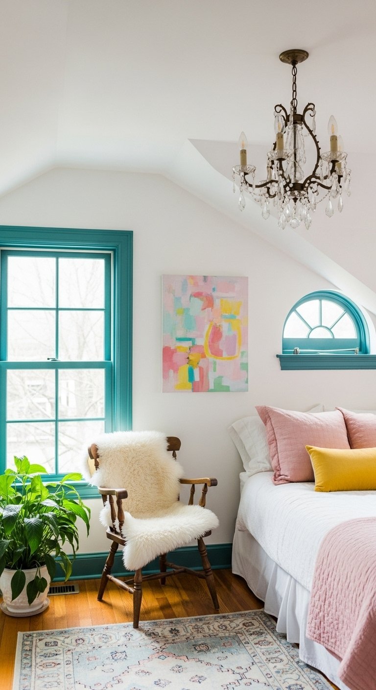 Coin de chambre avec murs blancs et encadrement de fenêtre bleu vert