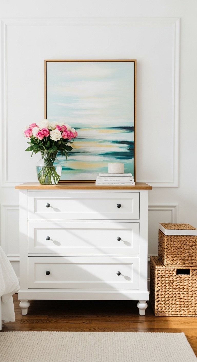 Commode blanche de style classique avec plateau en bois et poignées noires