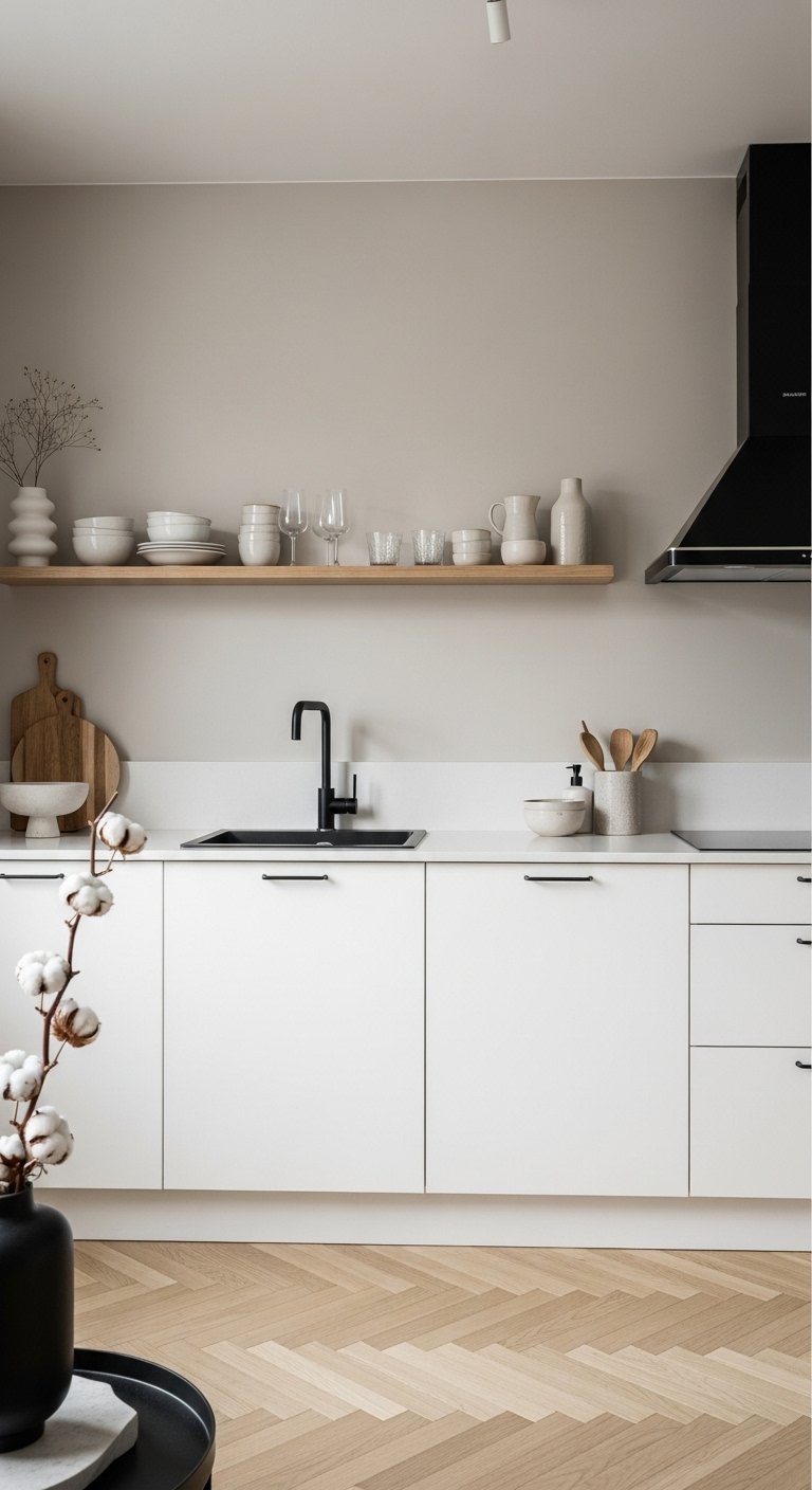 Cuisine moderne minimaliste avec armoires blanches, robinet noir et étagère en bois.