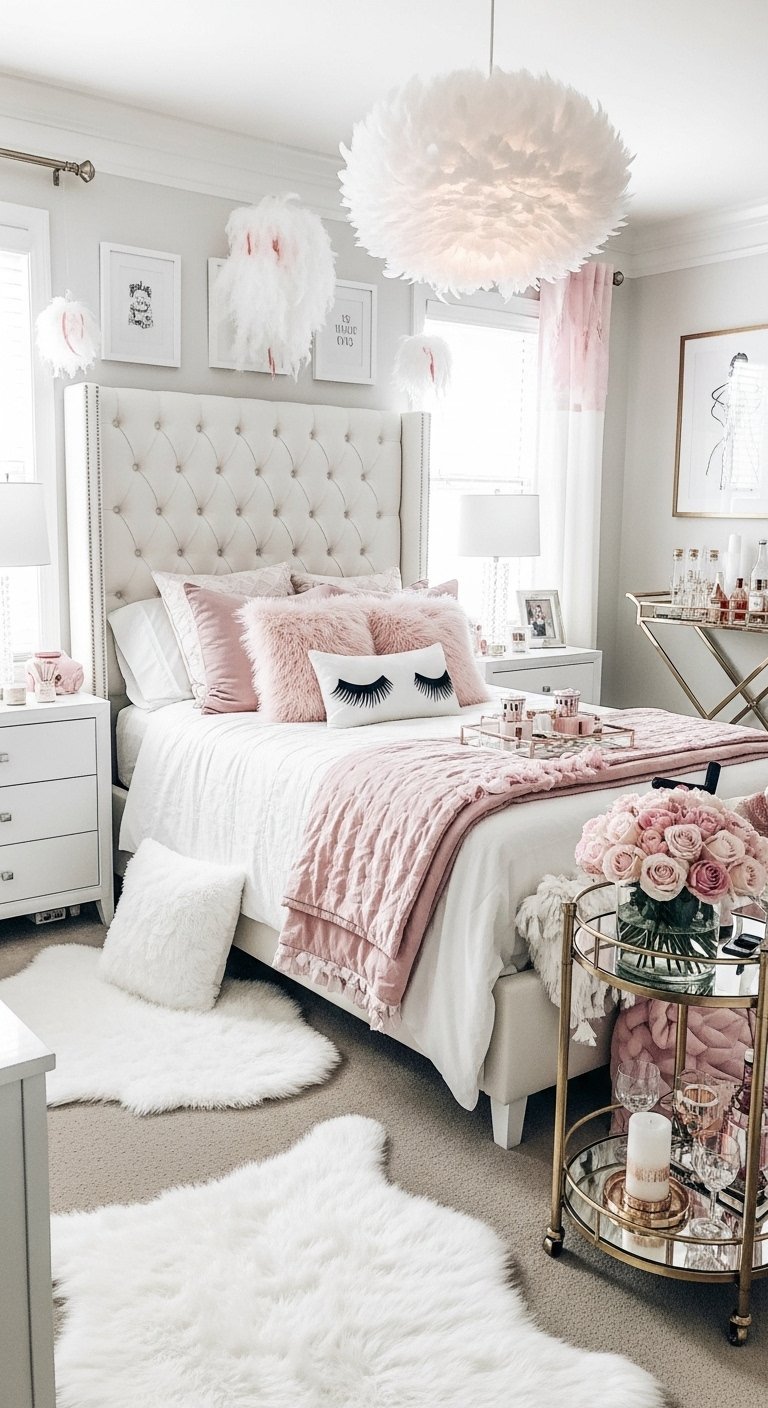 Décoration chambre femme glamour en rose et blanc avec des lampes en plumes