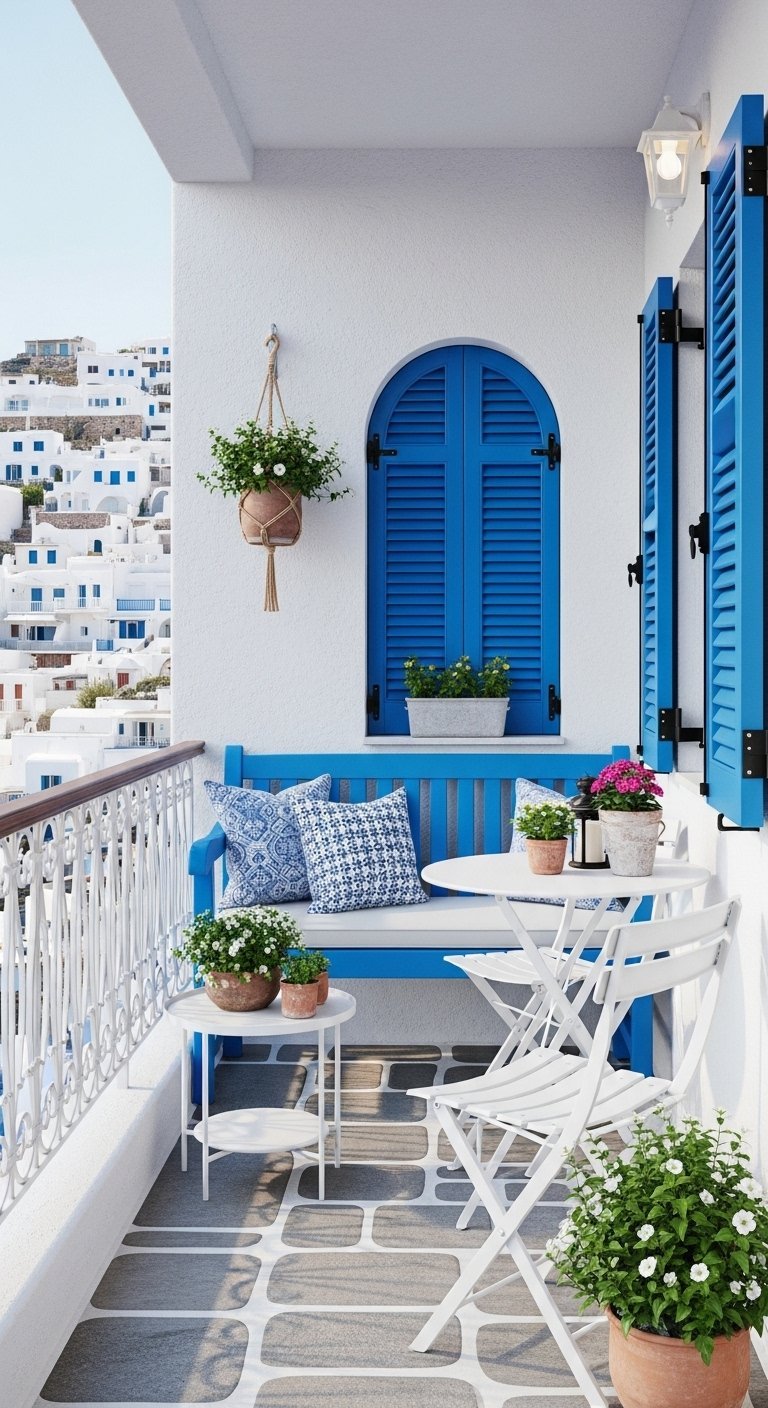Decoration petit balcon style grec avec banc bleu vif et chaises pliantes blanches
