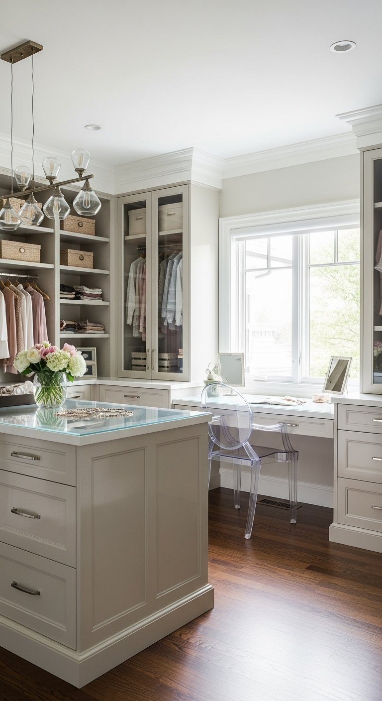 Dressing beige avec îlot central à plateau de verre et chaise transparente