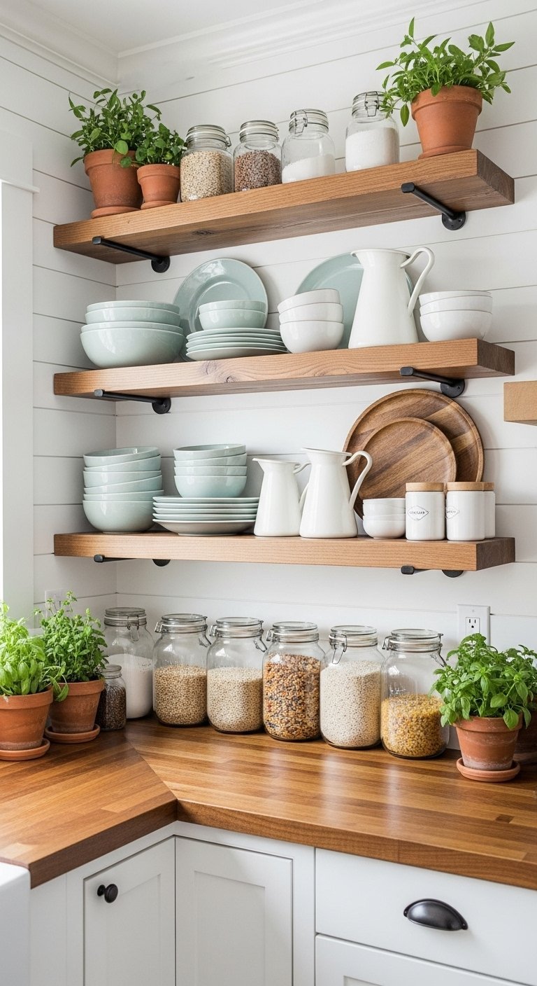 Etagere de cuisine ouverte en bois avec vaisselle et bocaux