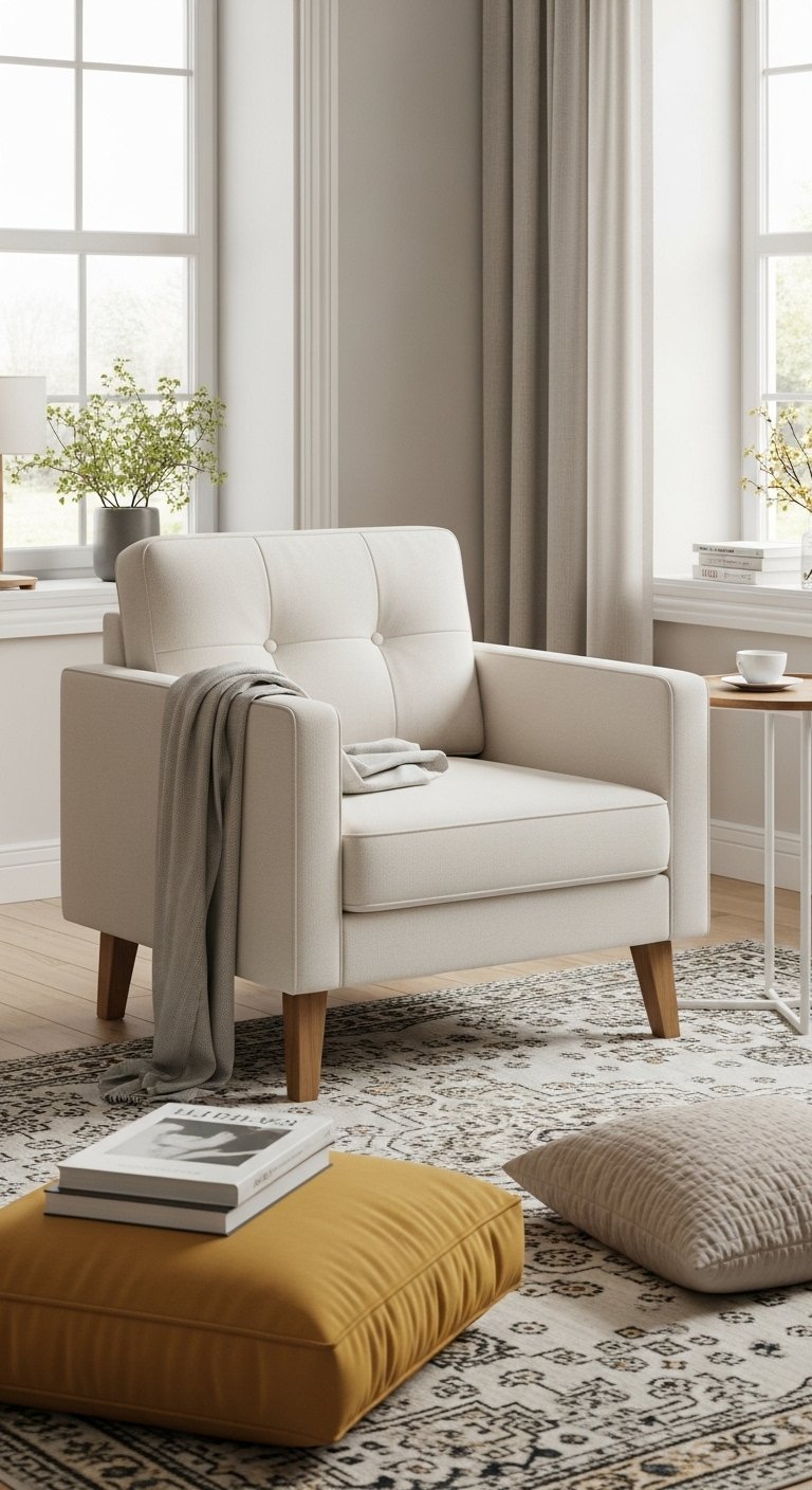 Fauteuil de salon confortable en tissu crème avec un plaid gris posé sur l accoudoir