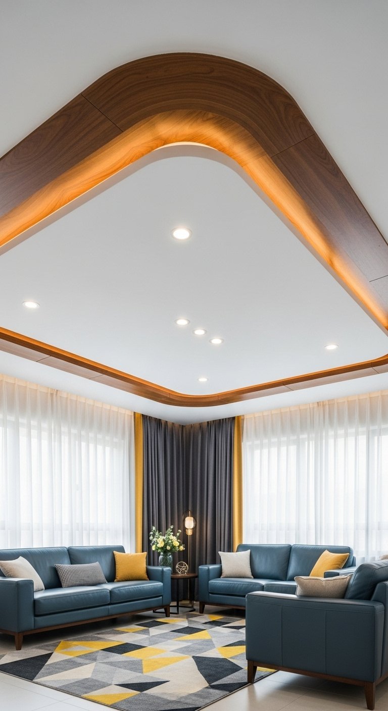 Faux plafond moderne avec un cadre en bois aux angles arrondis et lumière indirecte