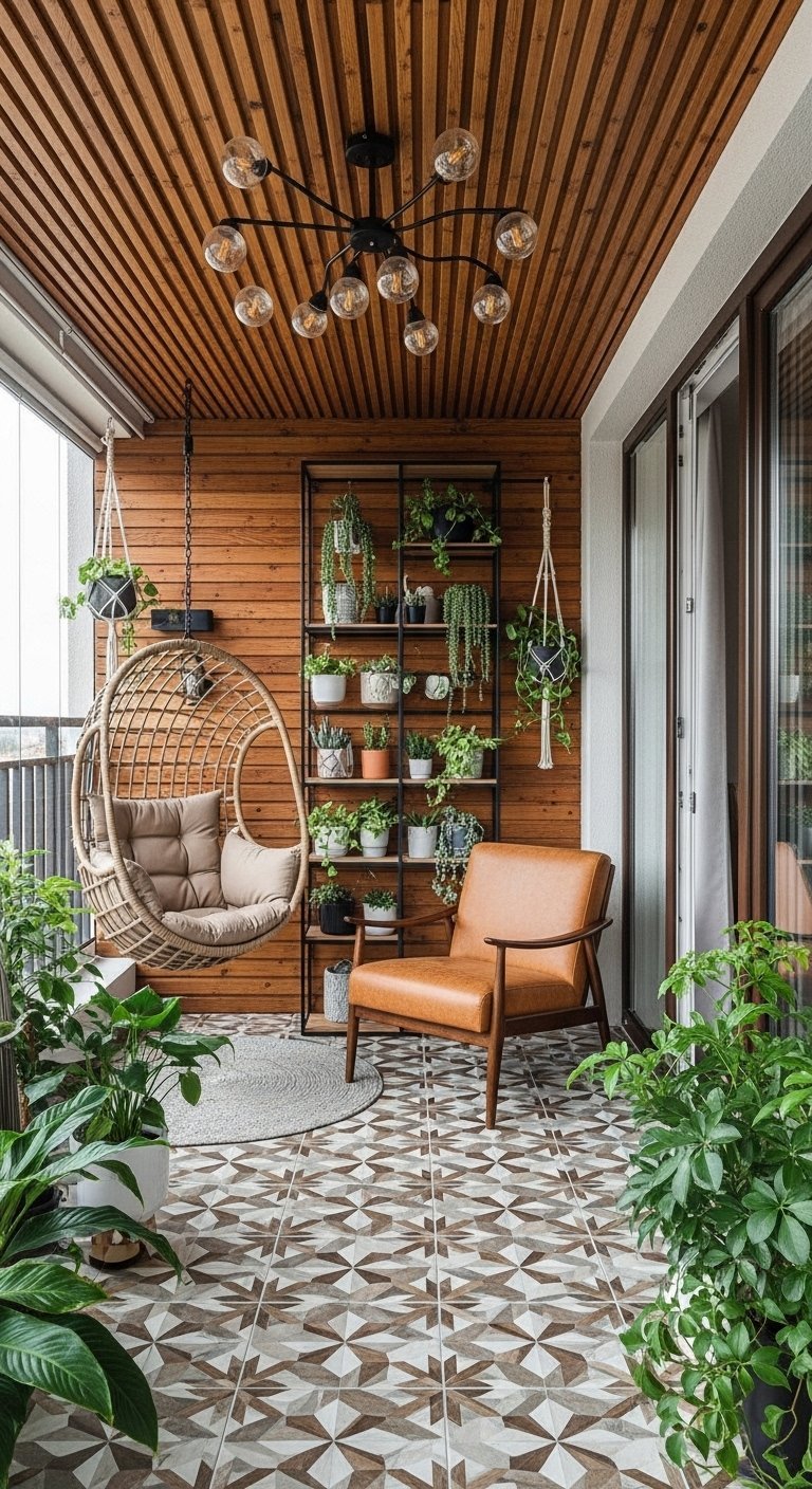 Grand balcon aménagé avec un fauteuil suspendu en rotin et un mur en bois