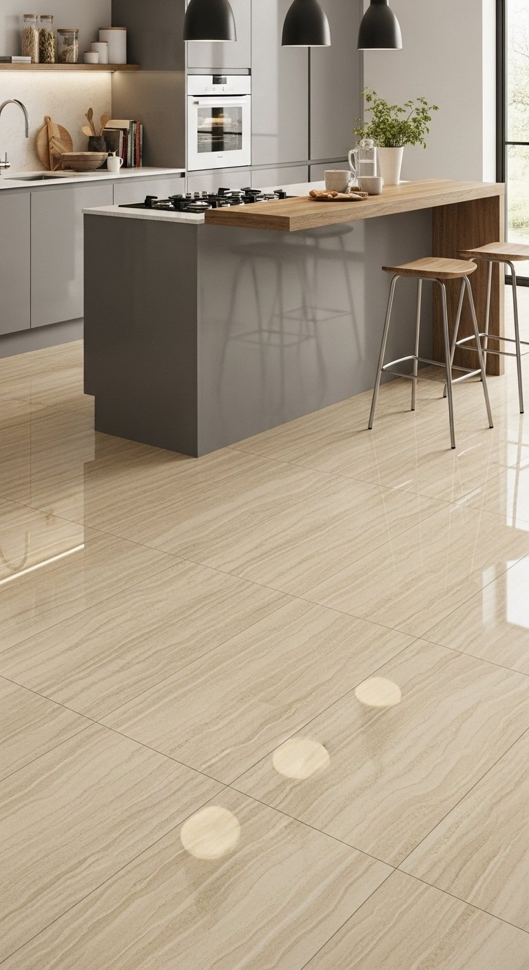 Grand carrelage de sol beige poli dans une cuisine moderne grise