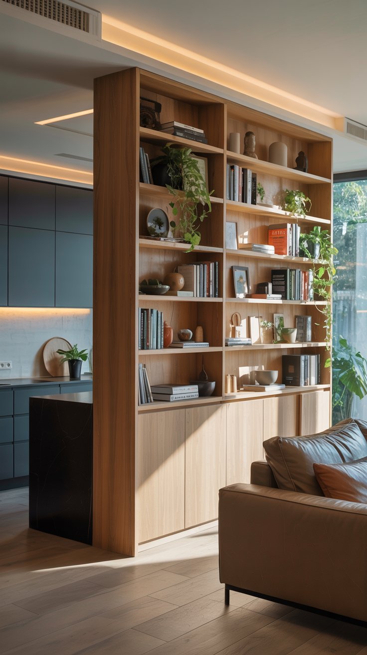 Grande bibliothèque en bois du sol au plafond séparant la cuisine du salon