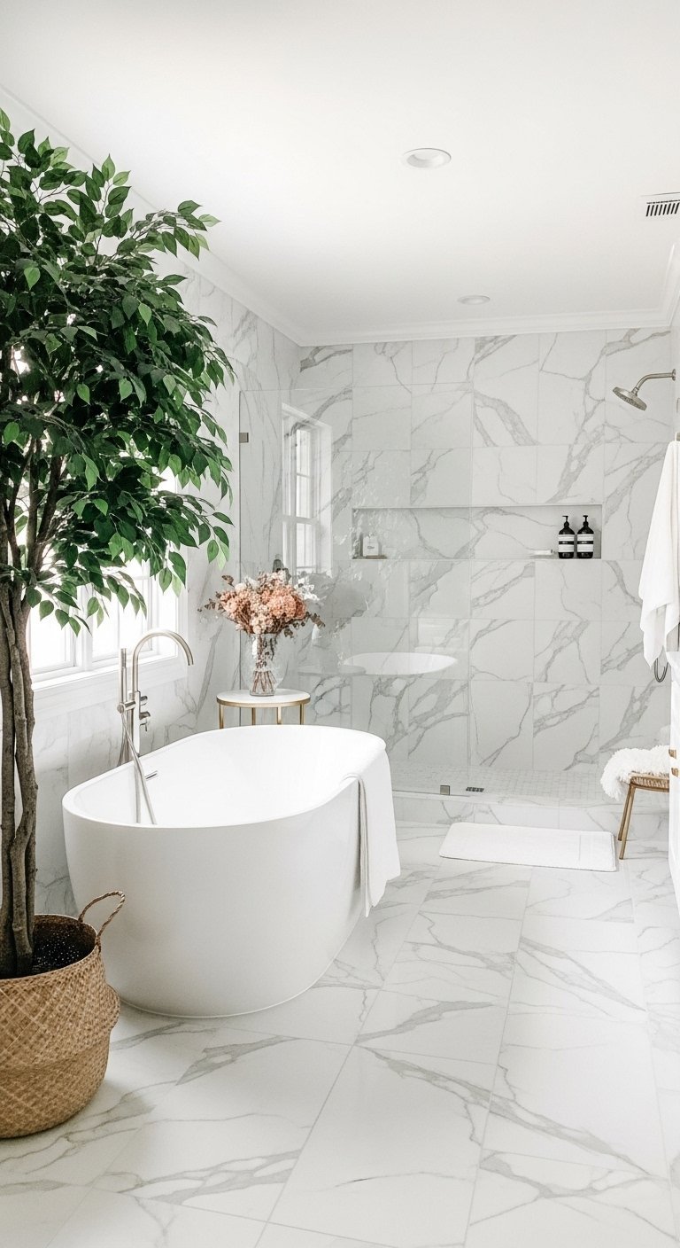 Grande salle de bain blanche effet marbre avec baignoire îlot et grande plante