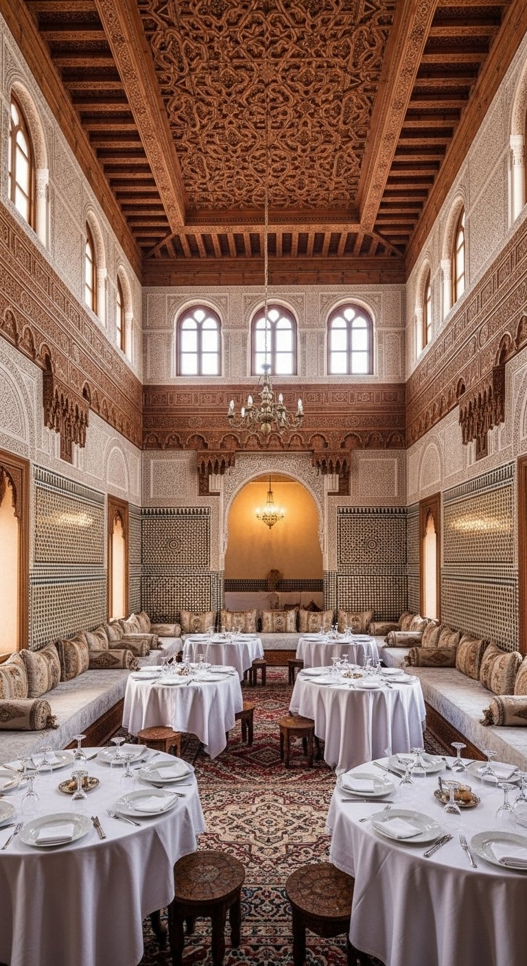 Grande salle de réception marocaine traditionnelle avec hauts plafonds en bois et murs en zellige
