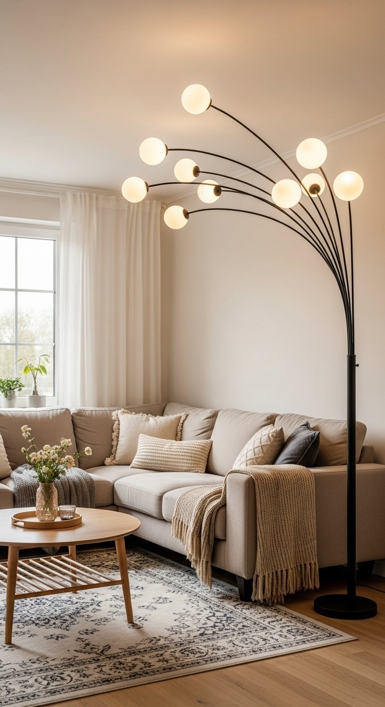 Lampadaire arc noir à plusieurs têtes au dessus d un canapé beige