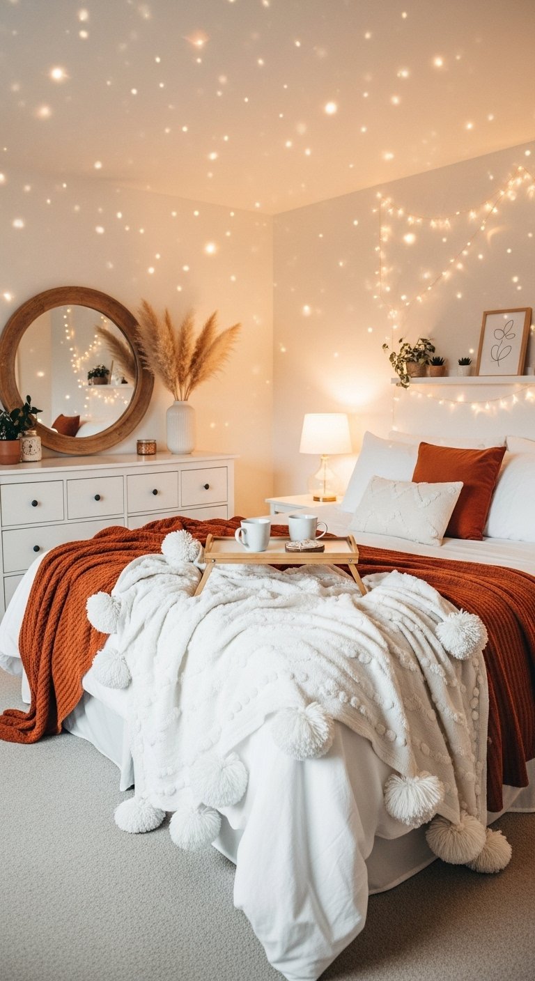 Lit avec plaids douillets et guirlandes lumineuses au mur