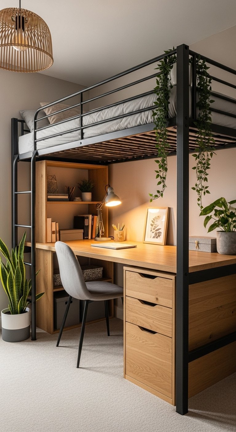 Lit mezzanine en métal noir avec bureau en bois et rangements intégrés en dessous