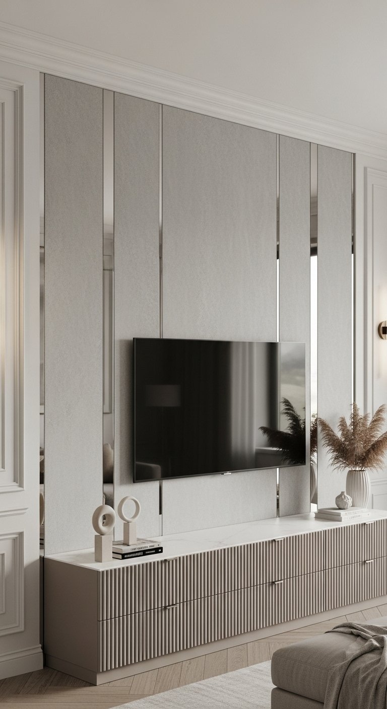 Mur TV beige texturé avec bandes de miroir verticales