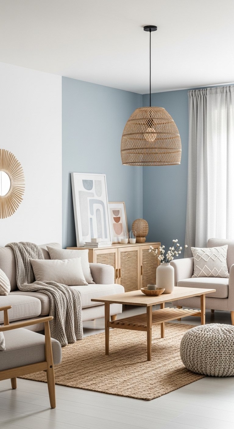 Mur d accent bleu pastel dans un salon scandinave avec canape beige