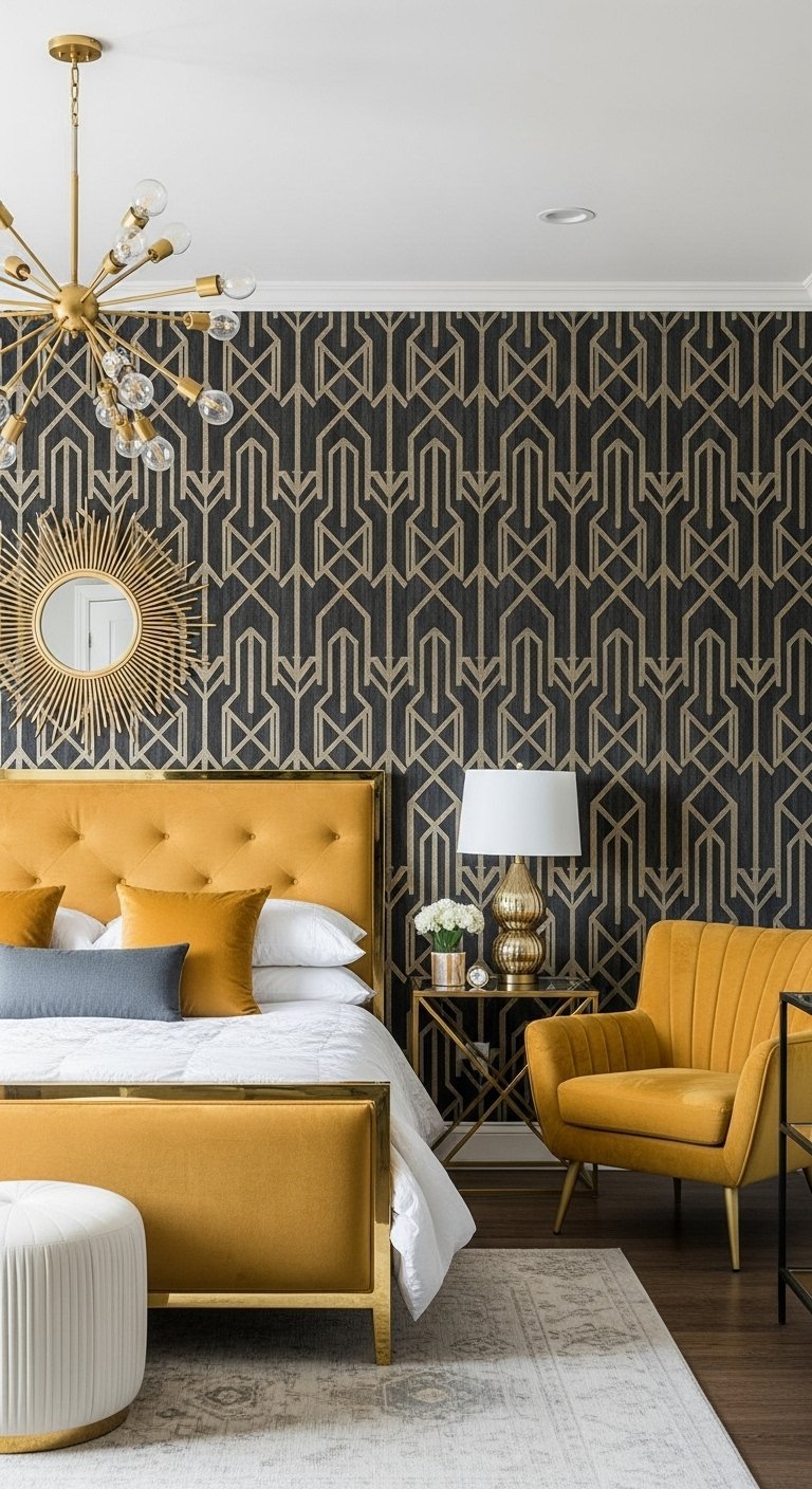 Papier peint Art Deco noir et or dans une chambre parentale avec lit dore et fauteuil ocre