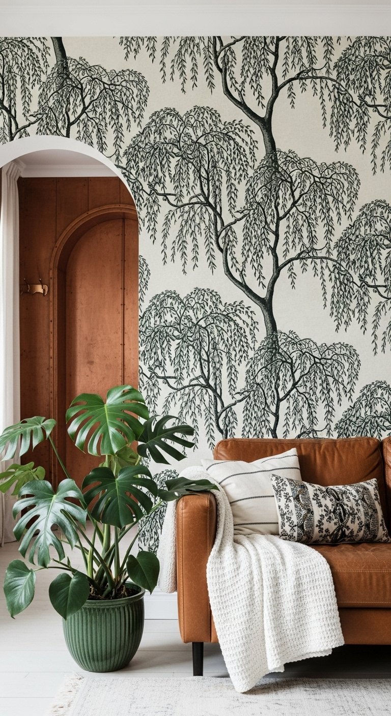 Papier peint panoramique noir et blanc avec motif arbre et canapé en cuir