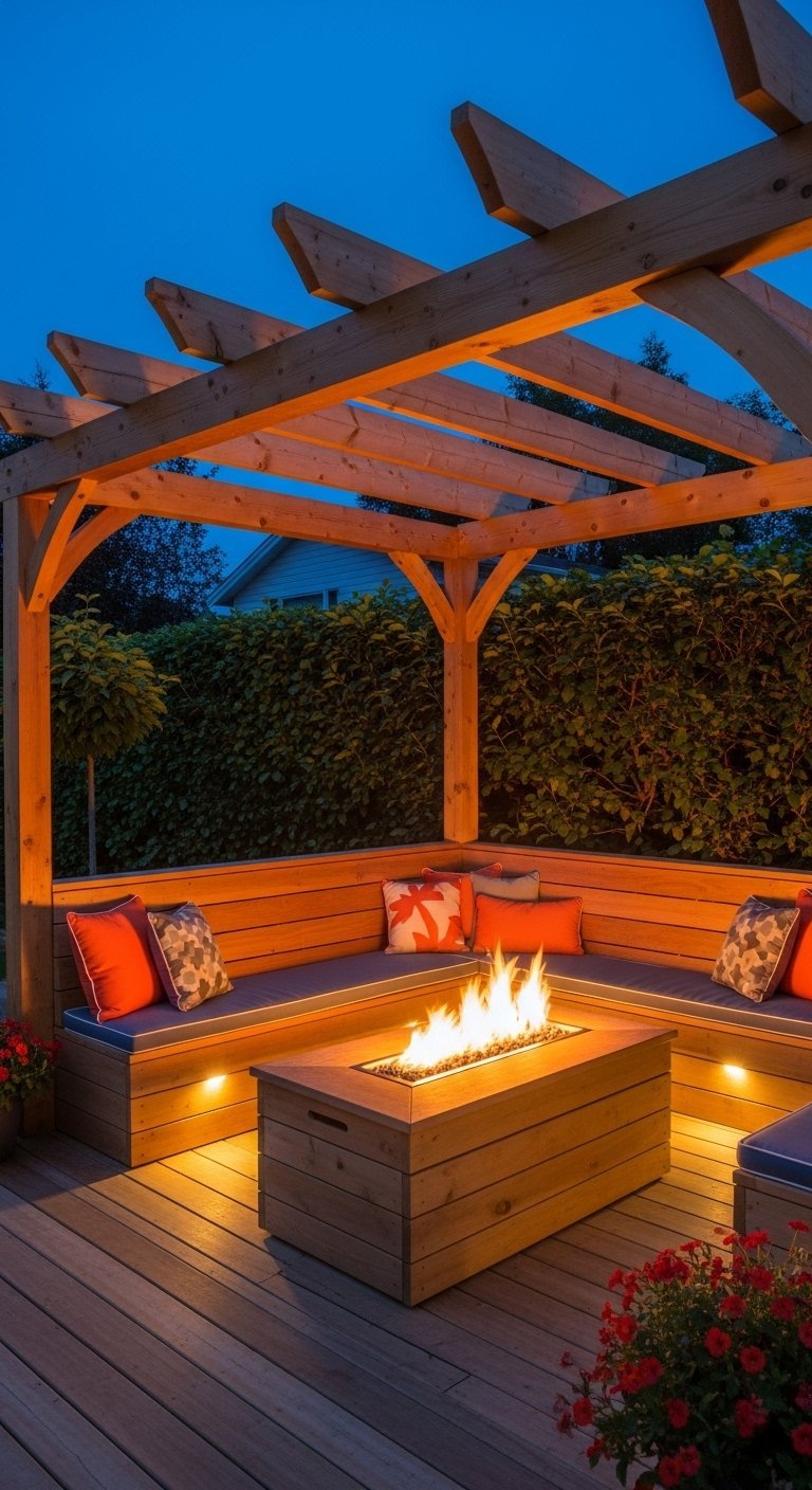 Pergola en bois avec banquette d angle intégrée et foyer rectangulaire la nuit