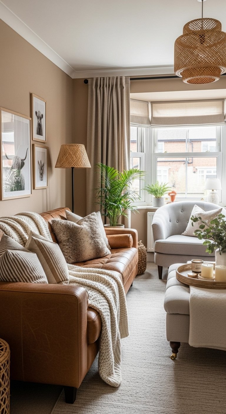 Petit salon cocooning avec canapé en cuir marron et plaids douillets