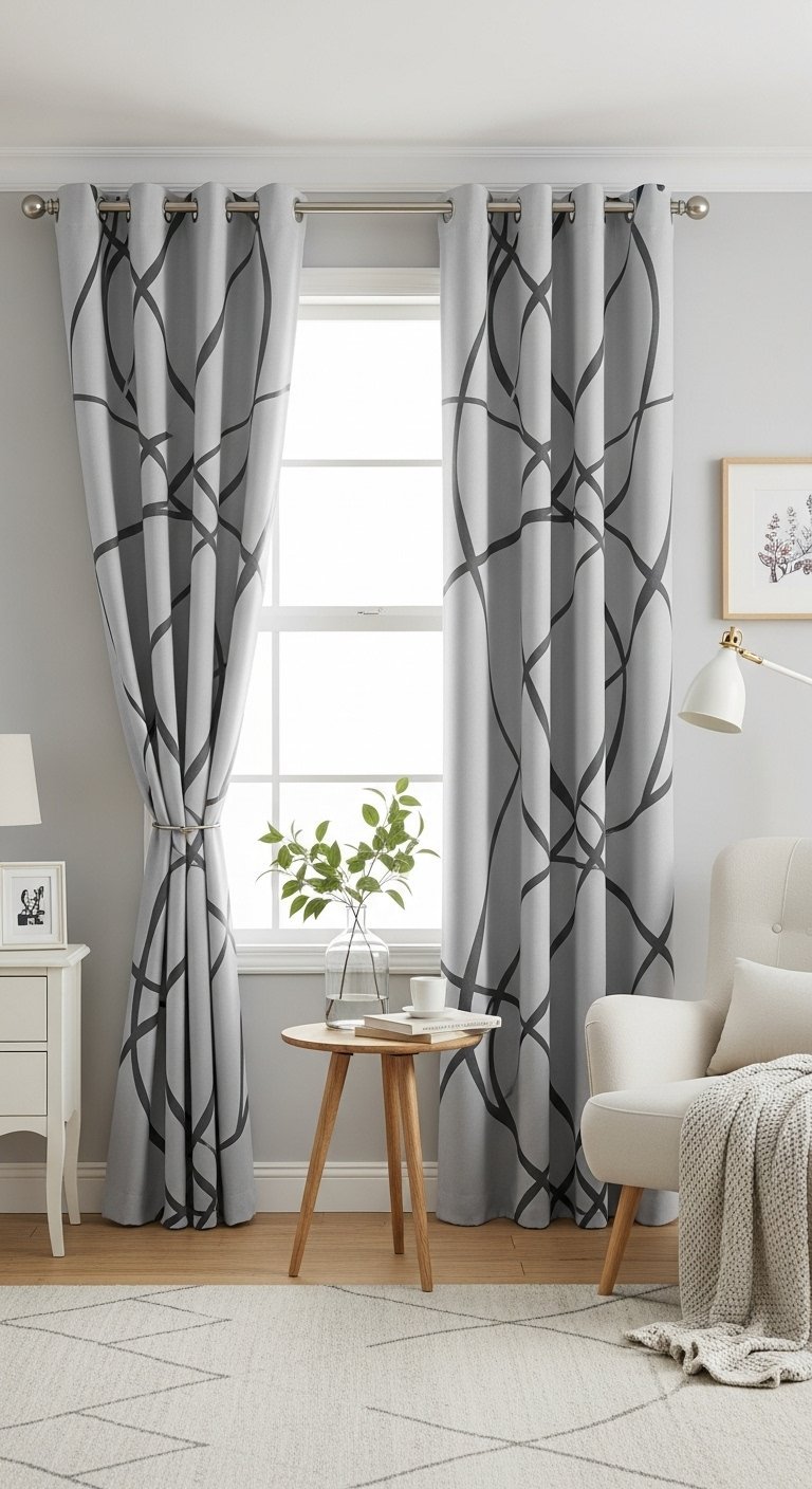Rideaux gris clair à œillets avec un motif géométrique abstrait foncé