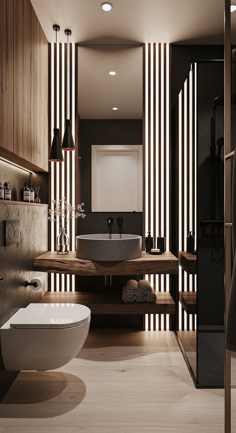 Salle de bain avec mur en tasseaux de bois éclairés et vasque en béton
