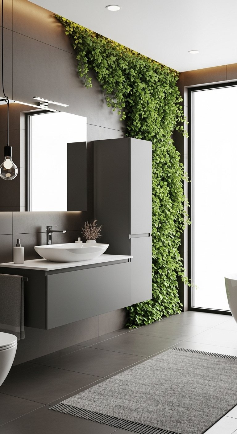 Salle de bain moderne grise avec un grand mur vegetal