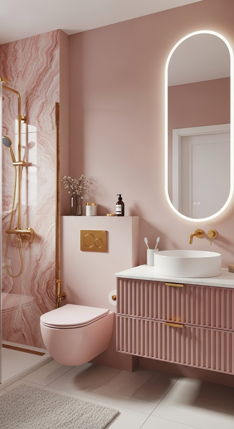 Salle de bain rose avec carrelage marbre et robinetterie doree