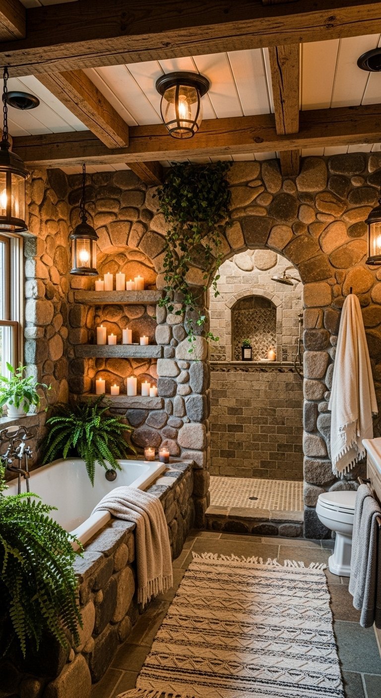 Salle de bain rustique en pierre avec baignoire encastrée et poutres en bois