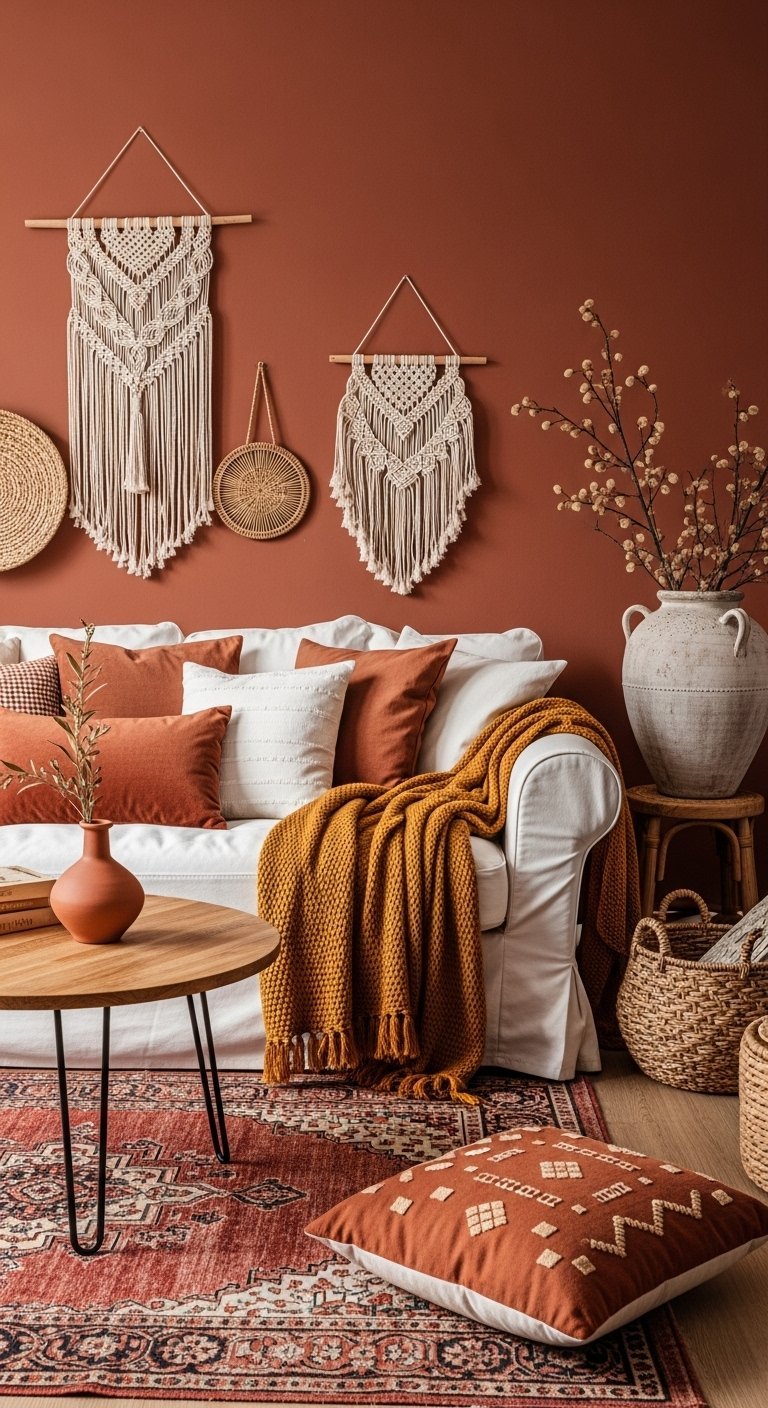 Salon boheme avec mur terracotta fonce canape blanc et suspensions macrame