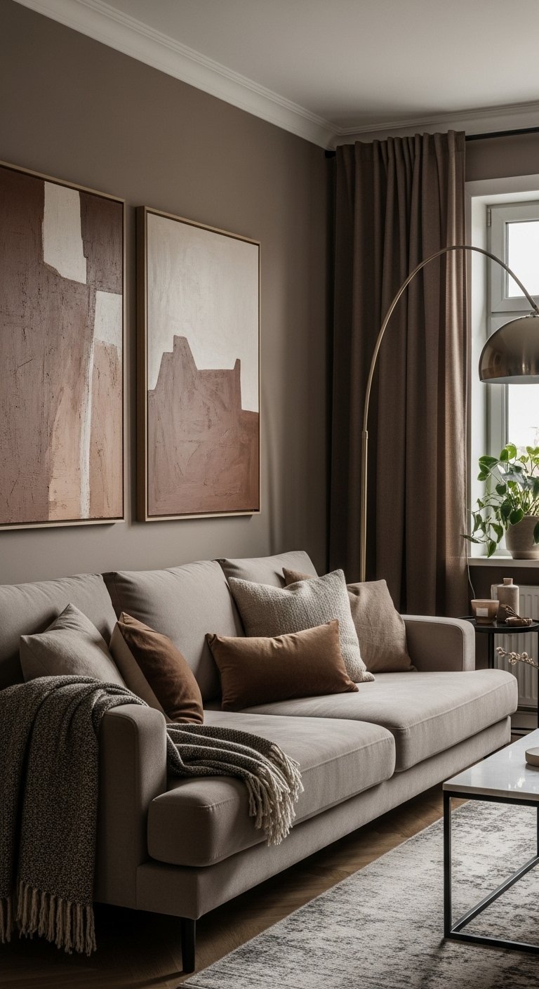 Salon moderne avec une peinture murale couleur taupe et canape beige
