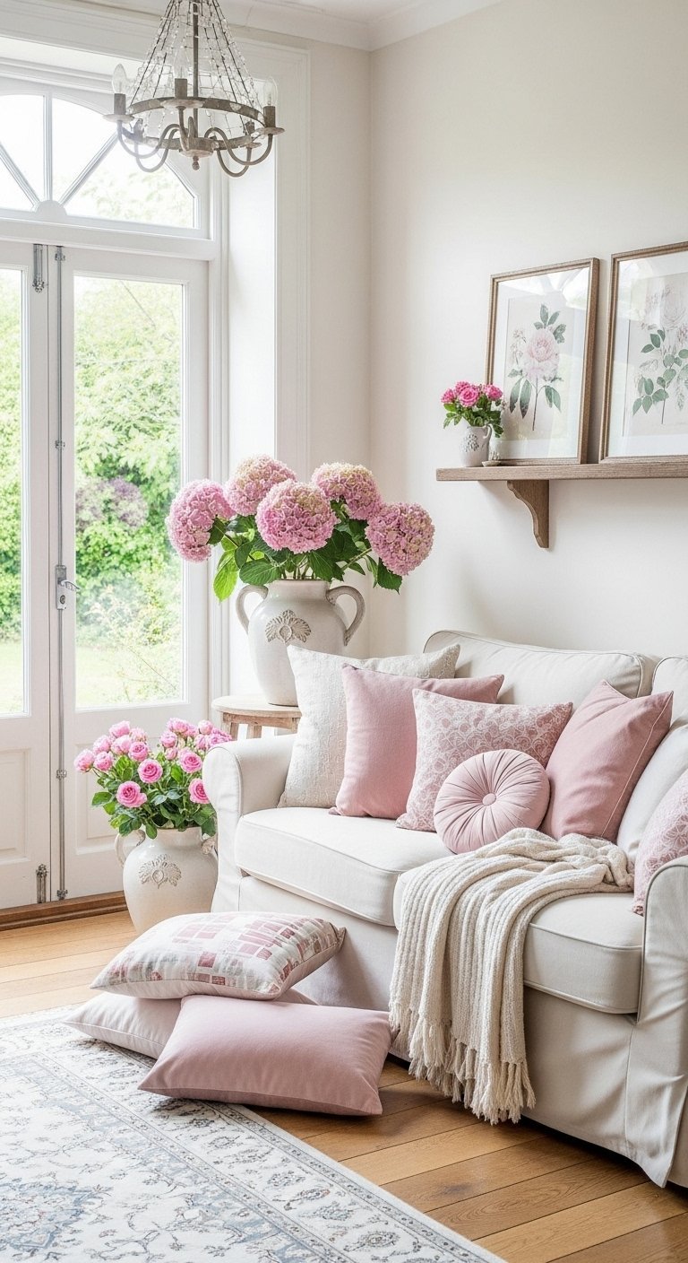 Salon romantique avec canape blanc et nombreux coussins et bouquets de fleurs roses