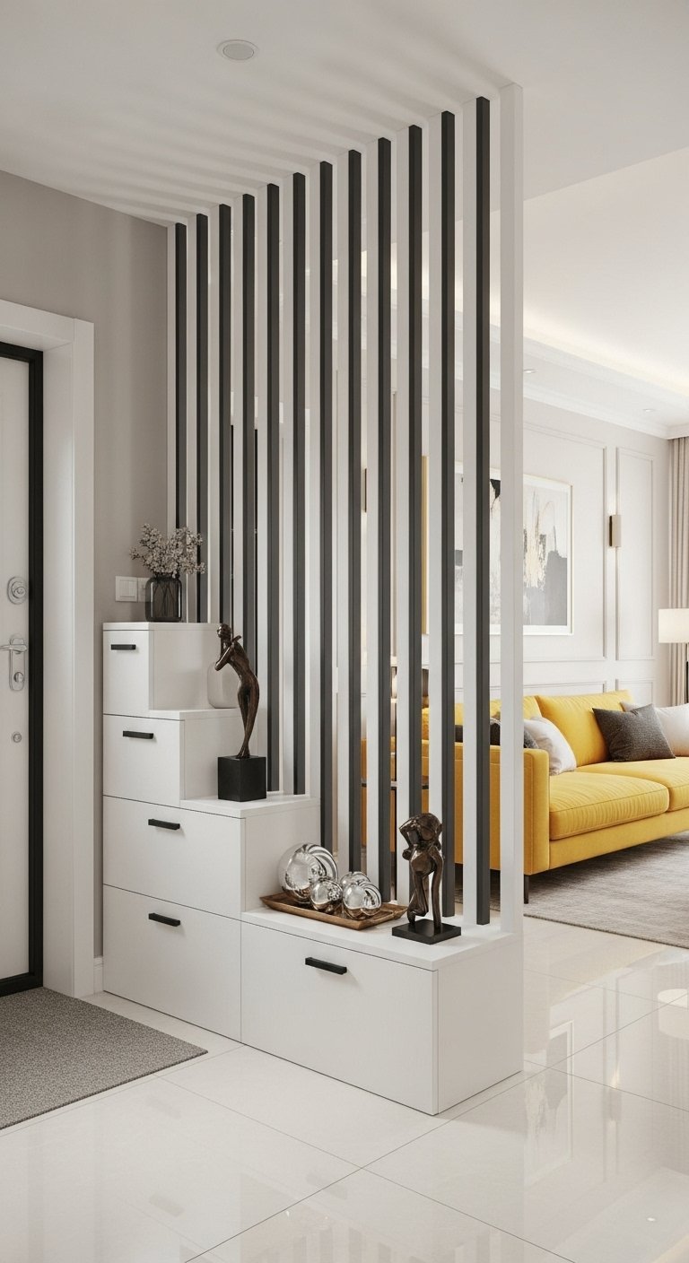 Separation entree salon a mi hauteur avec etageres en bois