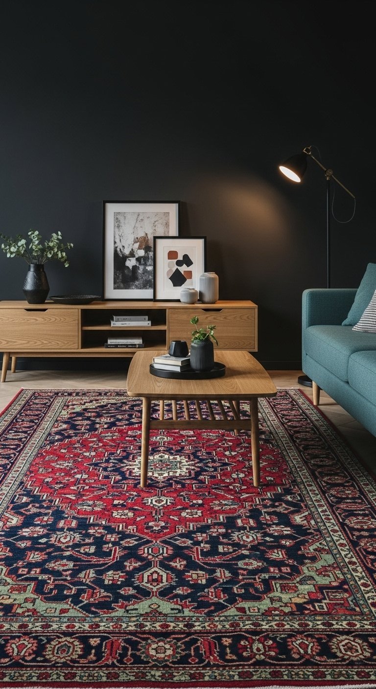 Tapis persan rouge et bleu marine dans un salon avec un mur noir et un canapé sarcelle