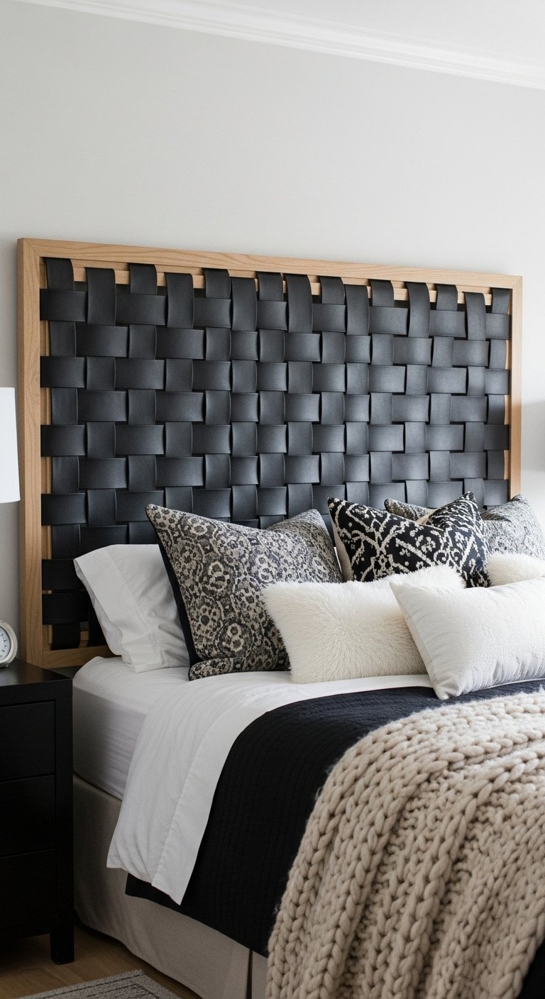 Tete de lit en cuir noir tresse avec un cadre en bois clair