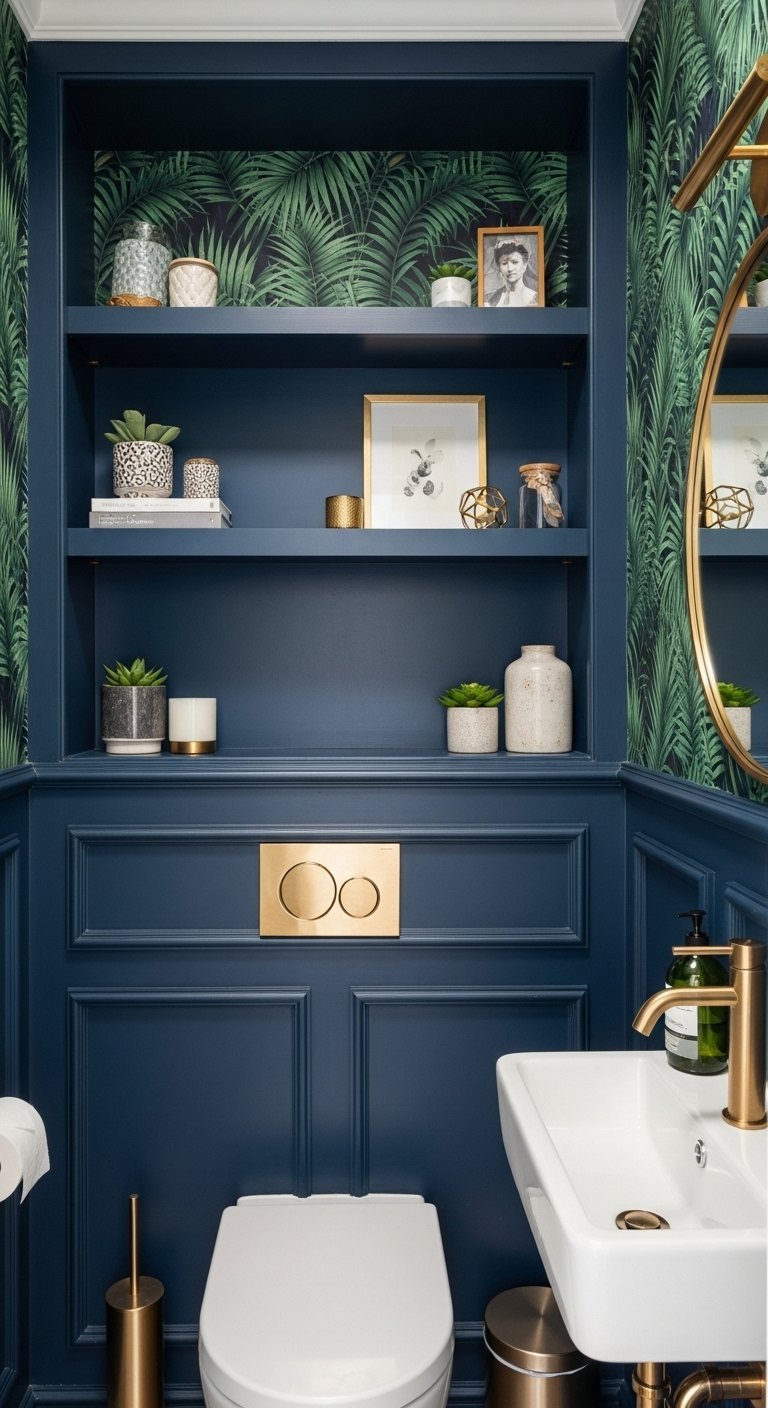 WC bleu foncé avec étagères intégrées et papier peint à feuilles de palmier