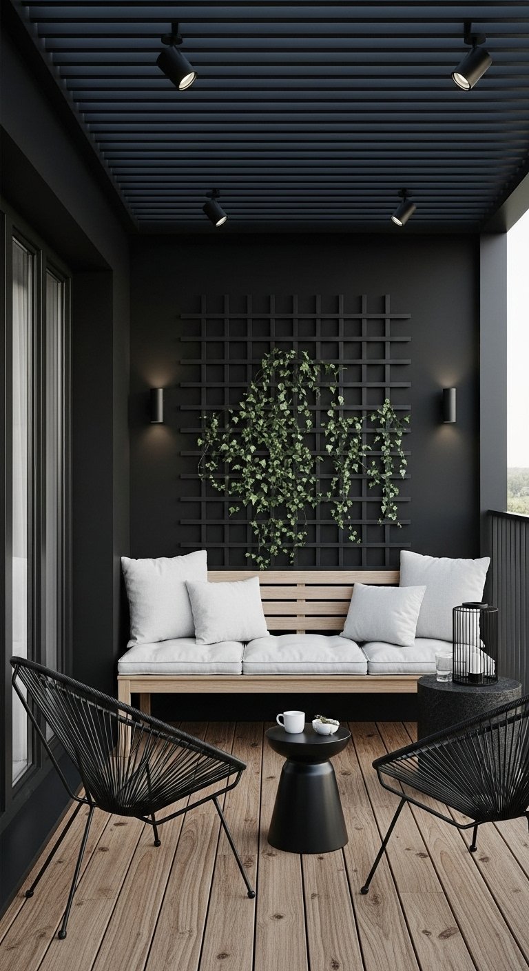 Aménagement de balcon design tout en noir avec un banc en bois clair et un treillage mural