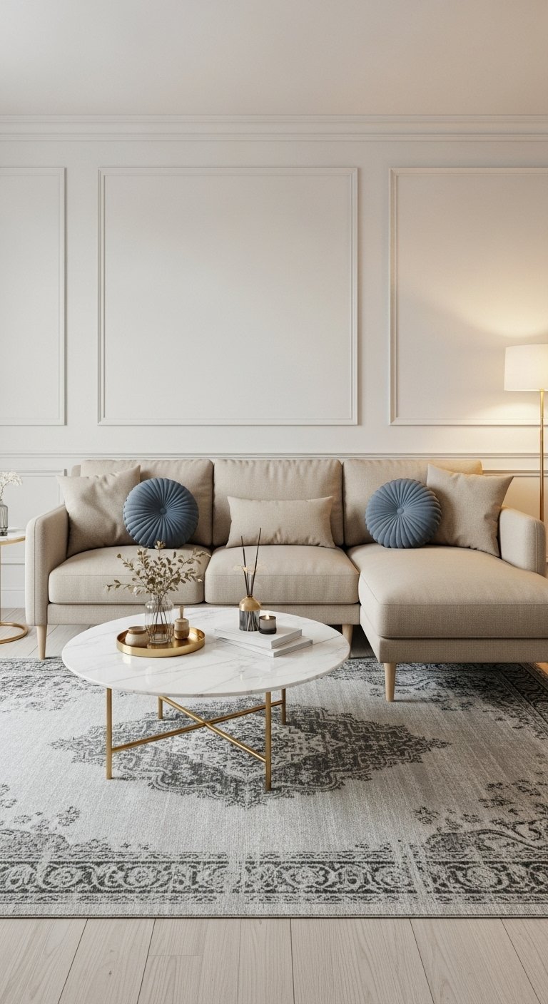 Canape moderne beige avec coussins ronds bleus et table basse marbre dore