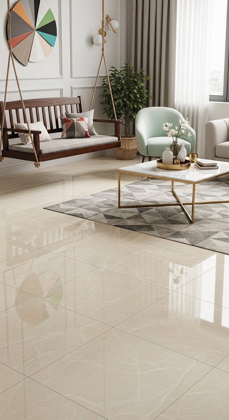 Carrelage brillant beige rosé effet marbre dans un salon avec balançoire