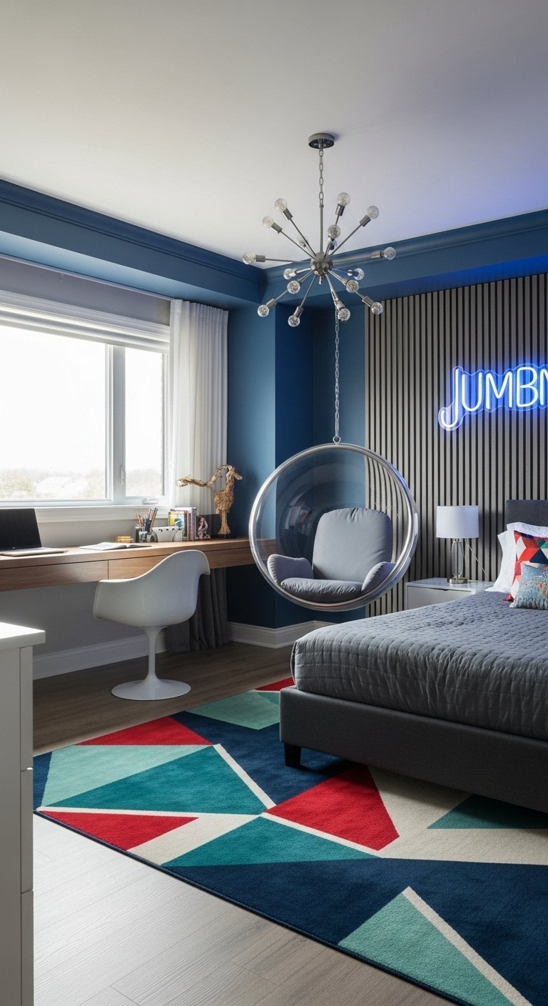 Chambre ado garcon moderne avec fauteuil bulle et mur tasseaux