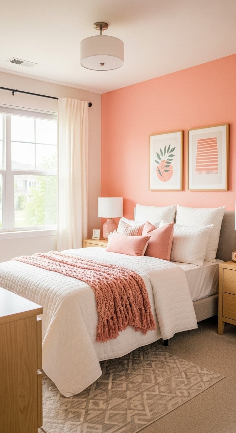 Chambre avec mur d accent couleur corail et lit blanc