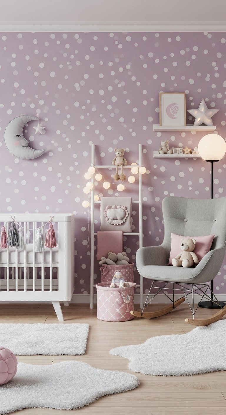 Chambre bébé avec mur lilas à pois et décoration lune