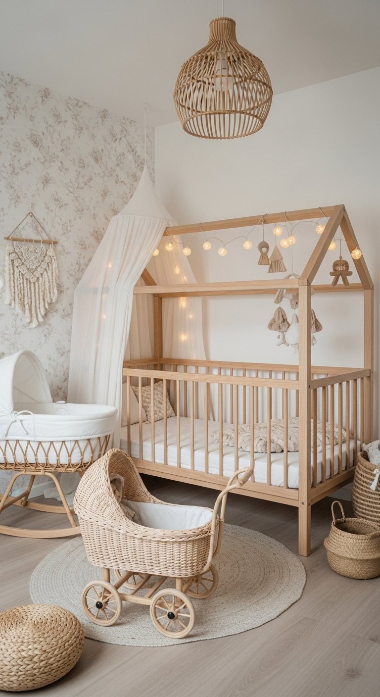 Chambre bebe naturelle avec lit cabane en bois et berceau en rotin