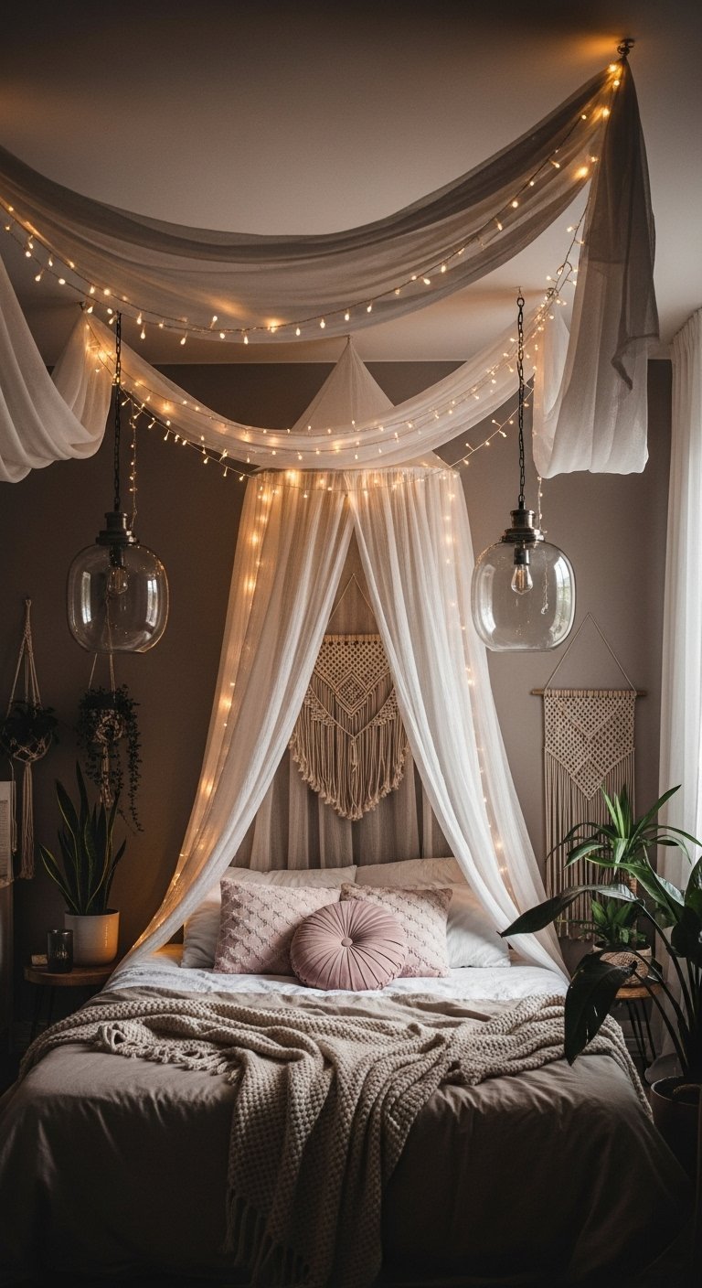 Chambre boheme avec ciel de lit et guirlandes lumineuses