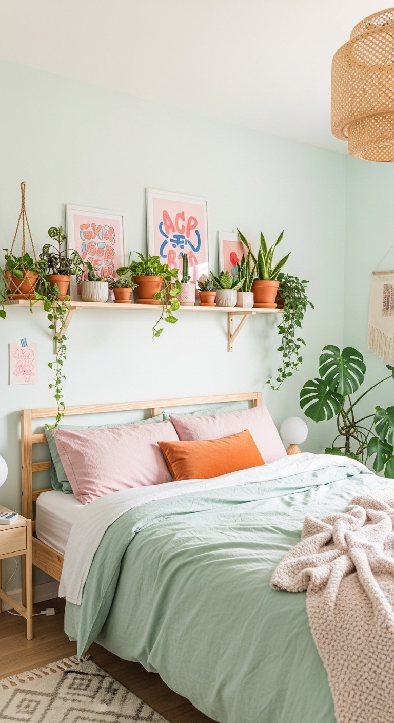 Chambre bohème avec mur vert menthe clair et étagère de plantes au dessus du lit