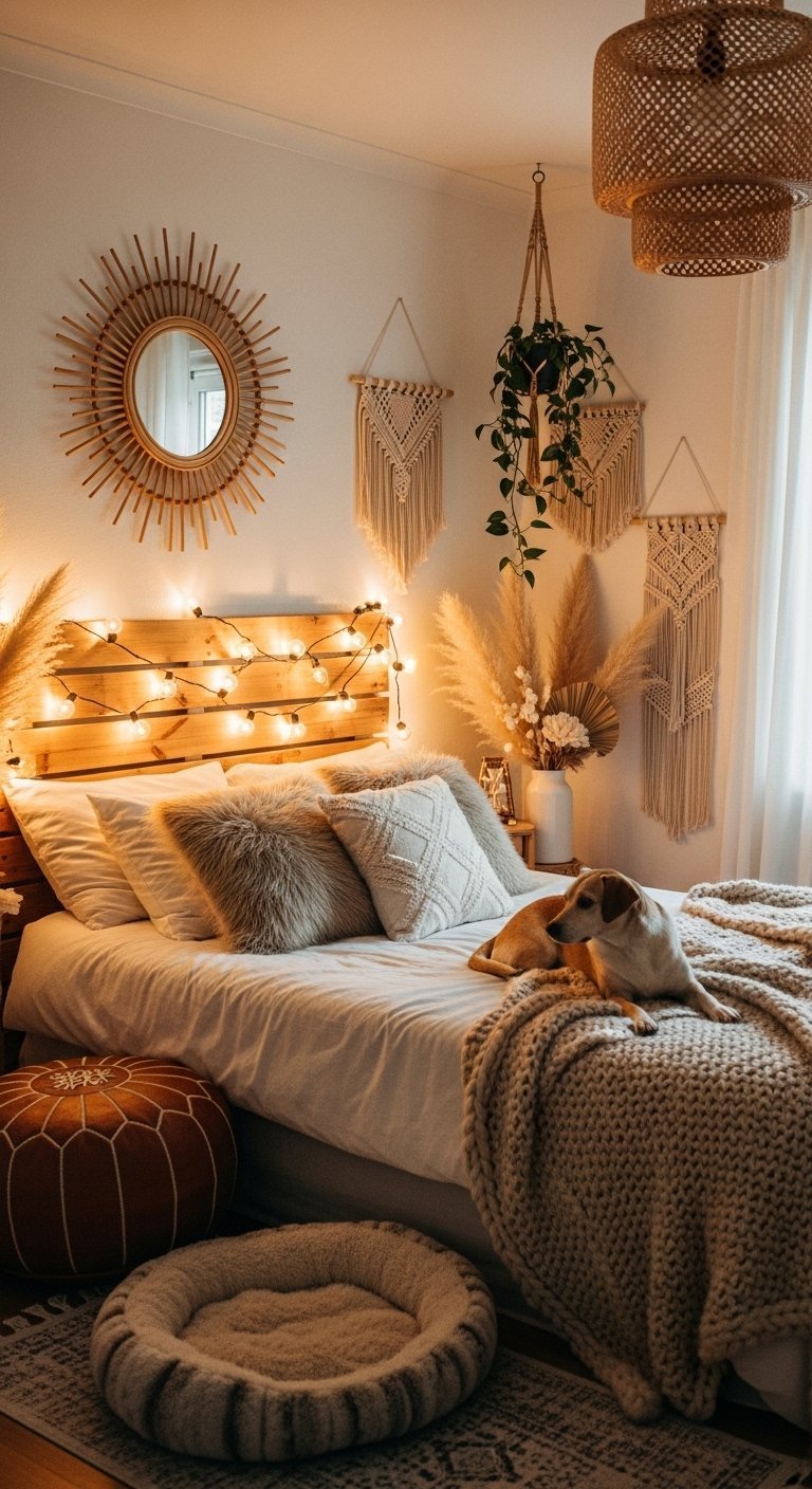 Chambre bohème avec tête de lit en bois illuminée et chien sur le lit