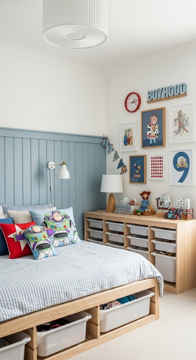 Chambre d ado avec lambris bleu pastel et meuble de rangement bas avec bacs en plastique