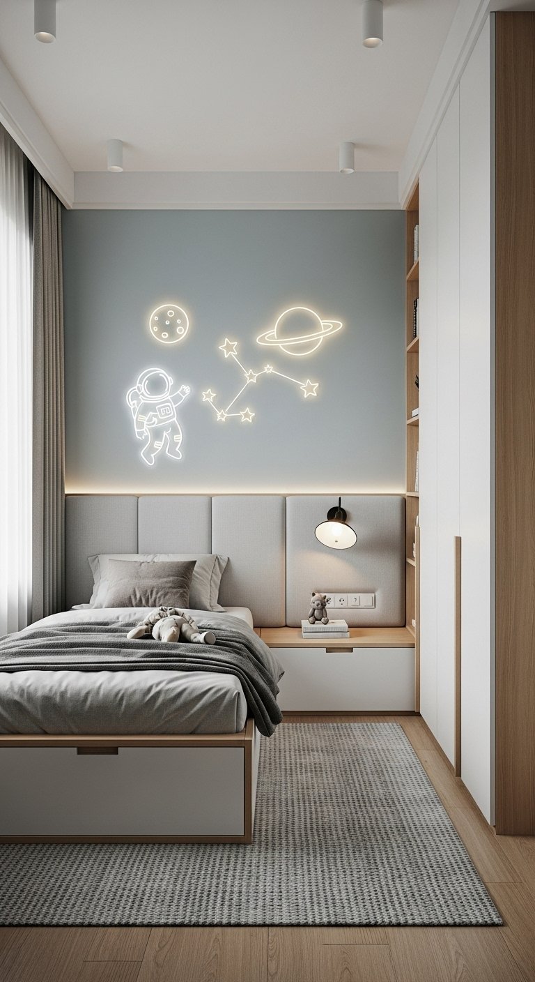 Chambre de garçon moderne avec appliques murales néon sur le thème de l espace