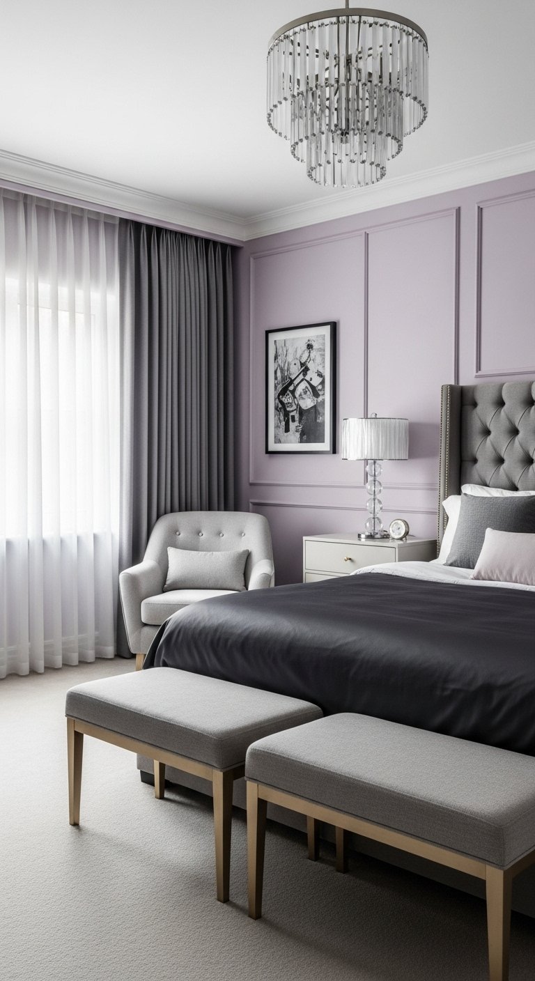 Chambre moderne avec mur lavande pale et moulures et linge de lit gris fonce