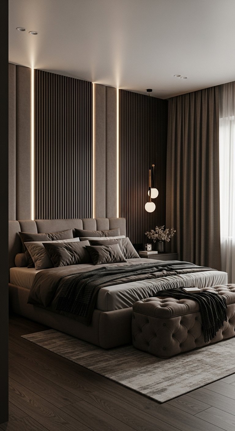 Chambre parentale sombre avec tête de lit à tasseaux et éclairage LED vertical